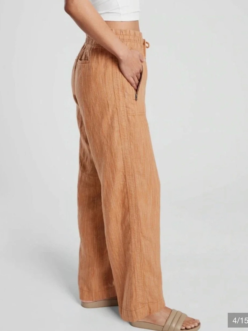 Athleta Cabo Linen Textured Wide Leg Pants size 4 Tan Brown Pull On Beach Travel - Picture 4 of 12